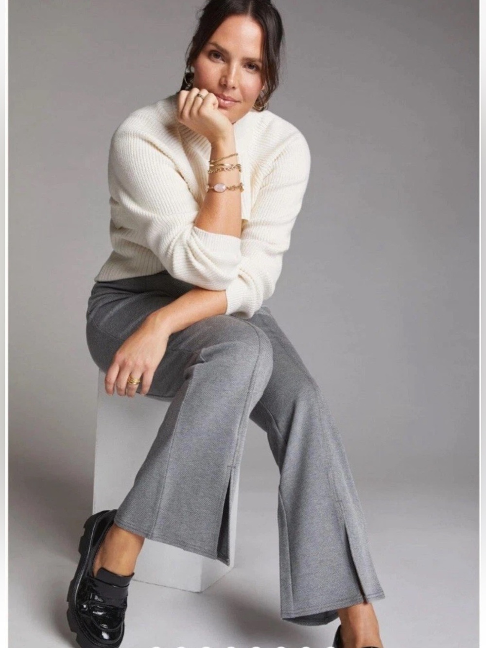 Maeve Anthropologie Maeve Seamed Flare Pants Gray Tweed Front Slit 2